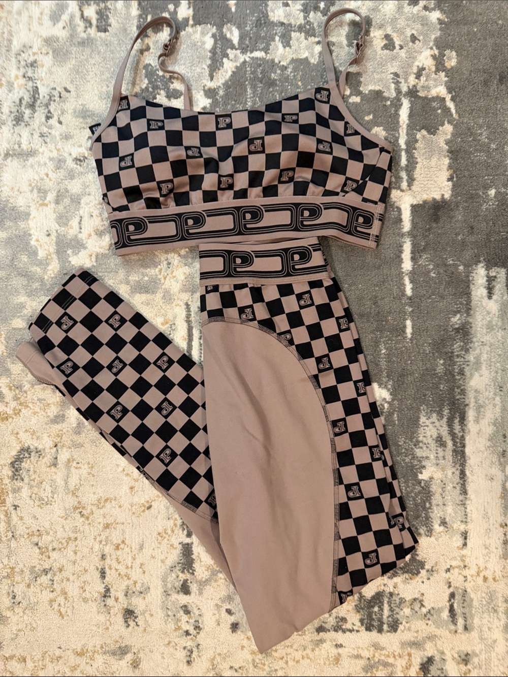 PINK Victoria's Secret Taupe and Black Checkerboard Legging Set